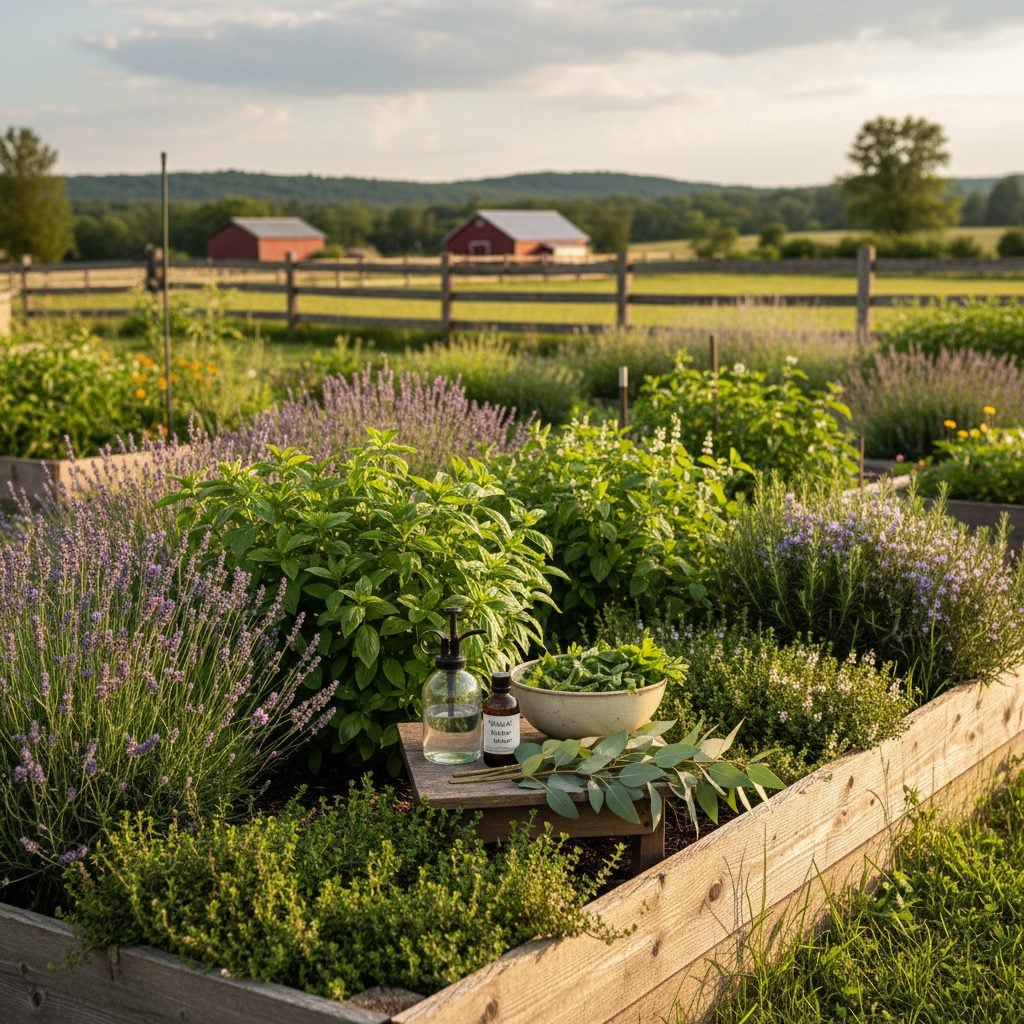 Backyard herb garden with lavender, basil, peppermint, and rosemary growing in raised beds as natural bug repellents for the garden in June.