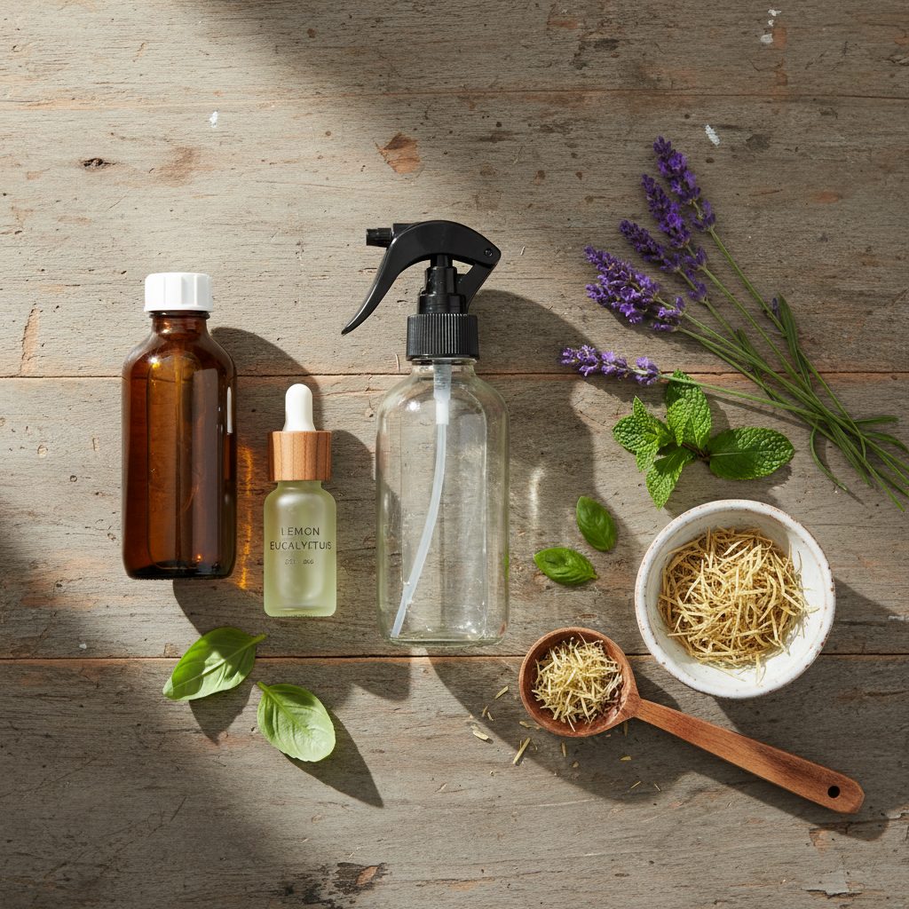 Flat-lay of homemade natural bug repellents for the garden: witch hazel, lemon eucalyptus oil, lavender, peppermint, basil, and citronella laid out on a wooden table.