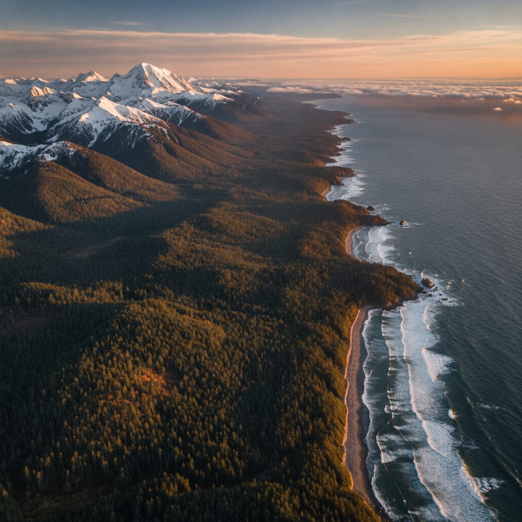 Aerial view of natural climate influencers: mountains, forested hills, and coastline together in one rural American landscape.