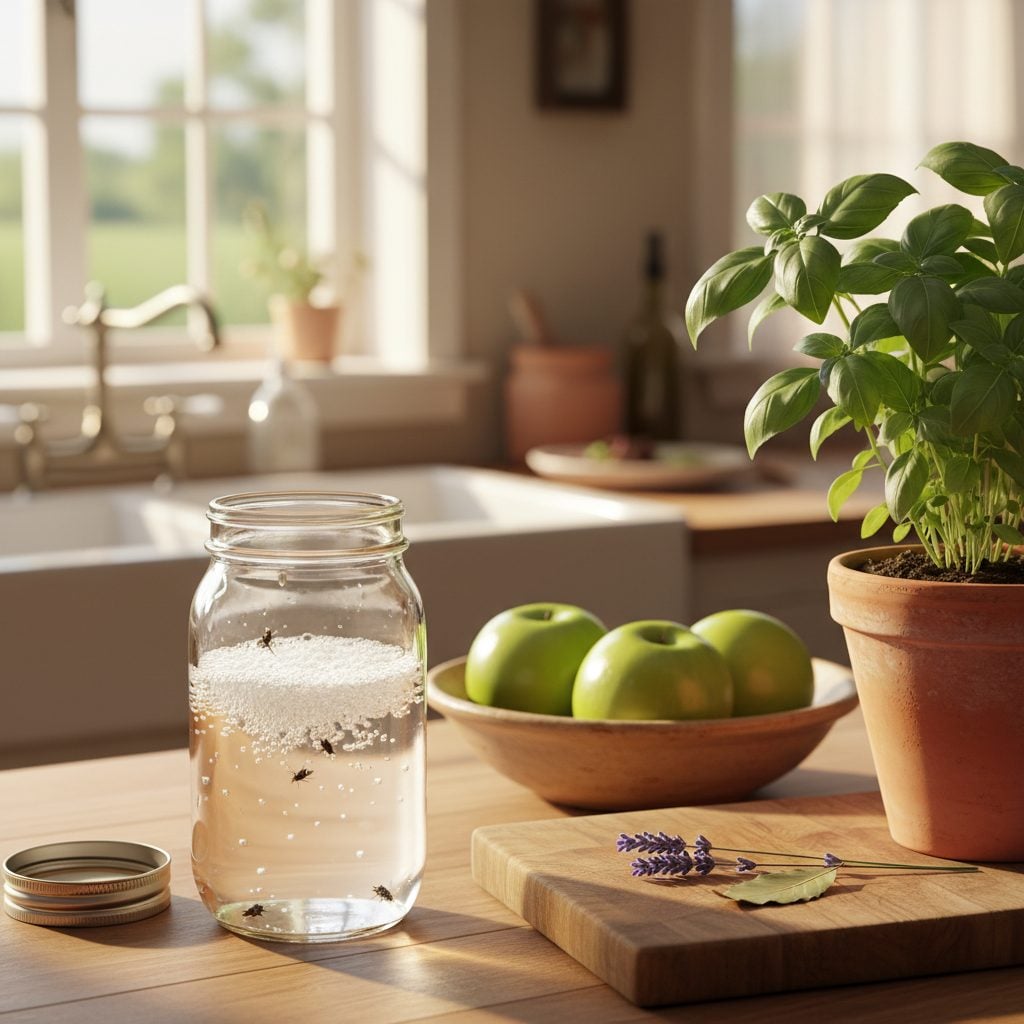 Homemade natural fly repellents on a sunlit kitchen countertop: soapy water jar trap, fresh basil, lavender, bay leaf, and green apples
