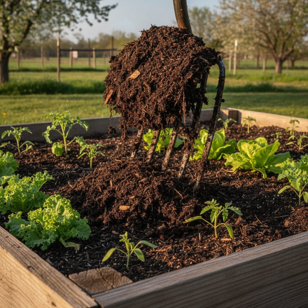 Gardener turning dark finished compost into a raised vegetable bed with young tomato, kale, and lettuce plants around the edges in spring morning light.