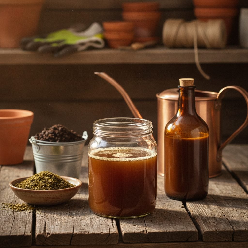 Glass jar of compost tea beside worm castings, kelp meal, fish emulsion, and a copper watering can on a wooden potting bench.