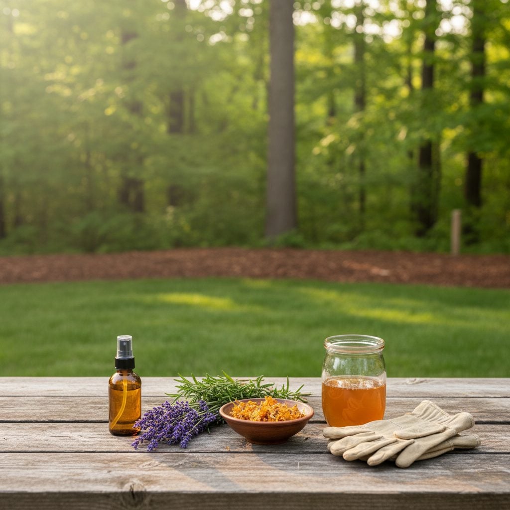 Natural tick remedies arranged on a picnic table at a rural backyard garden edge, with lavender, rosemary, apple cider vinegar, and a spray bottle for tick prevention.