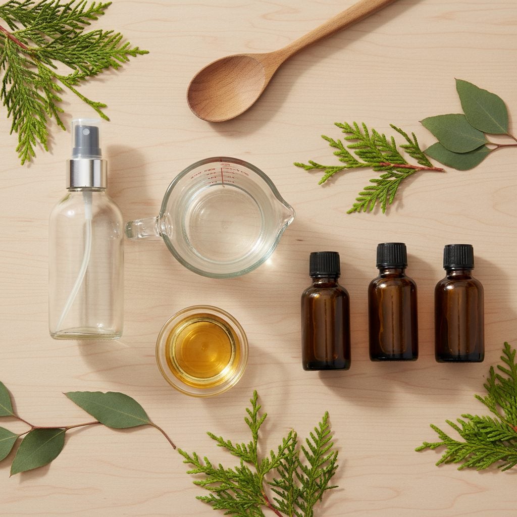 Flat-lay of homemade natural tick repellent ingredients including apple cider vinegar, neem oil, essential oils, cedar, and eucalyptus on a kitchen counter.