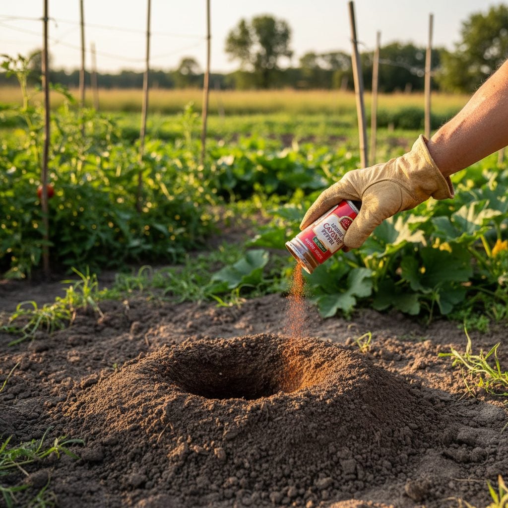 Gloved hand sprinkling cayenne pepper around a groundhog burrow entrance, one of the natural ways to get rid of groundhogs