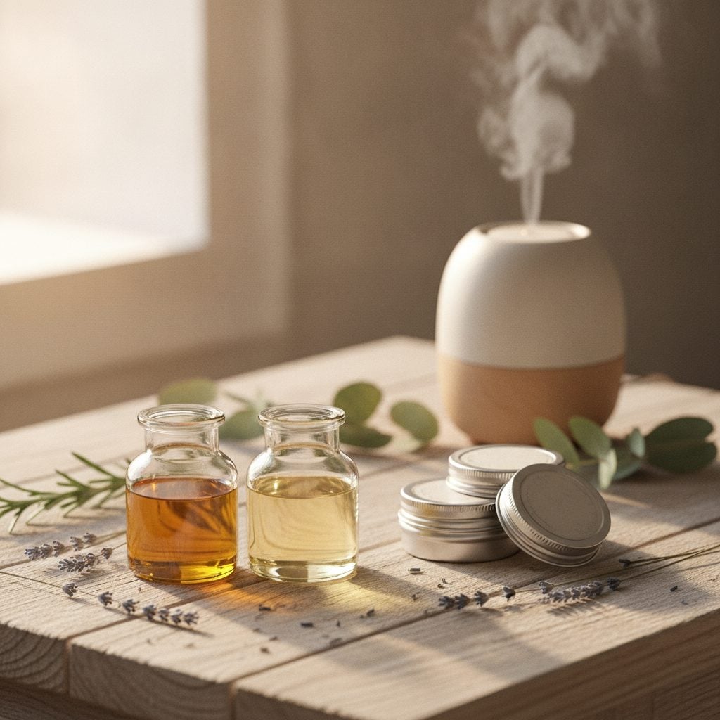 Natural winter skin care items: oils butters and balms in glass jars