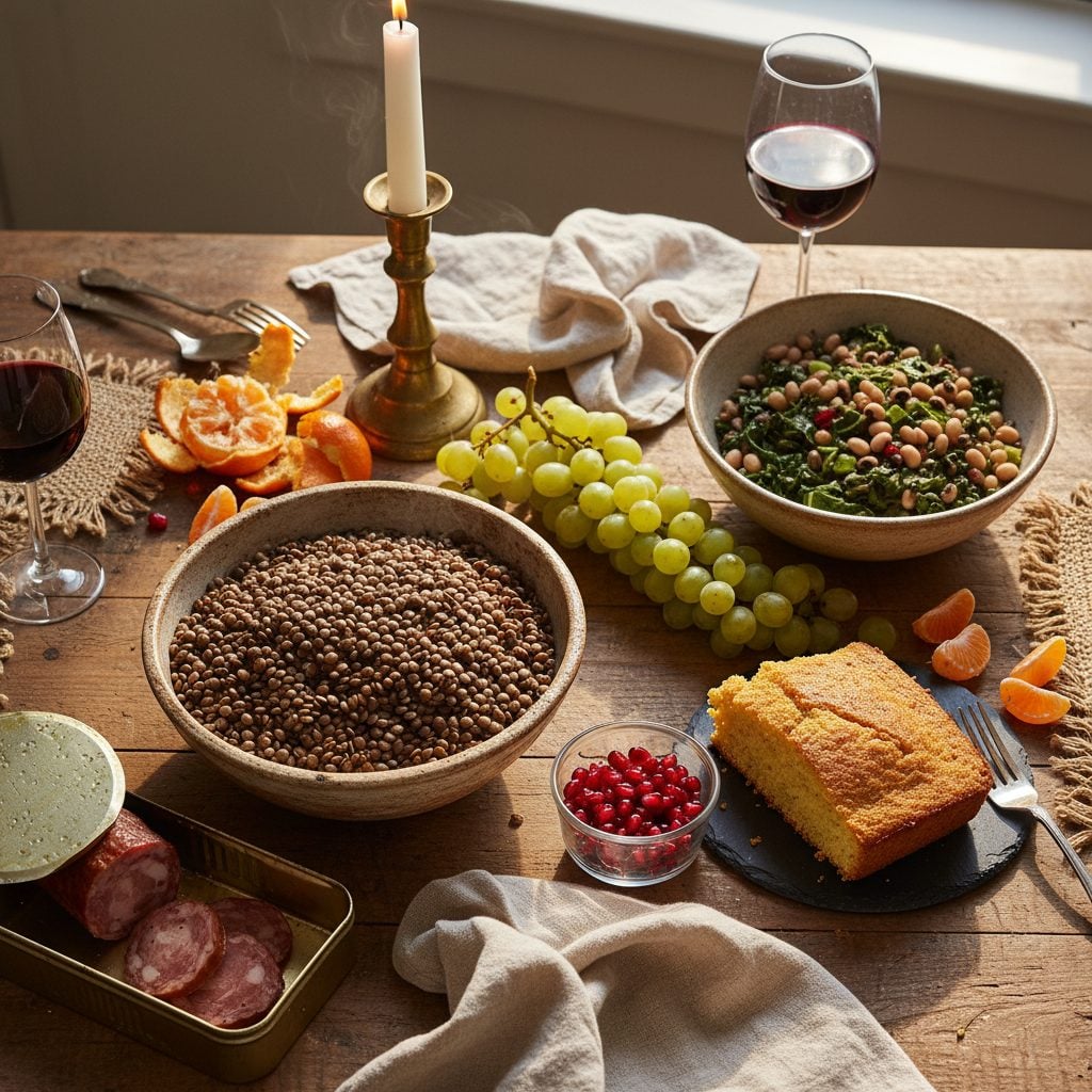 Overhead New Year lucky foods spread: lentils, black-eyed peas with collards, golden cornbread, pomegranate seeds, mandarin oranges, green grapes, and cured pork sausage on a rustic wooden table