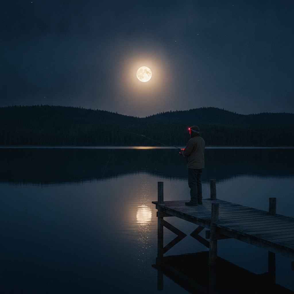 Angler night fishing from a wooden dock under a bright full moon, casting toward calm moonlit lake water