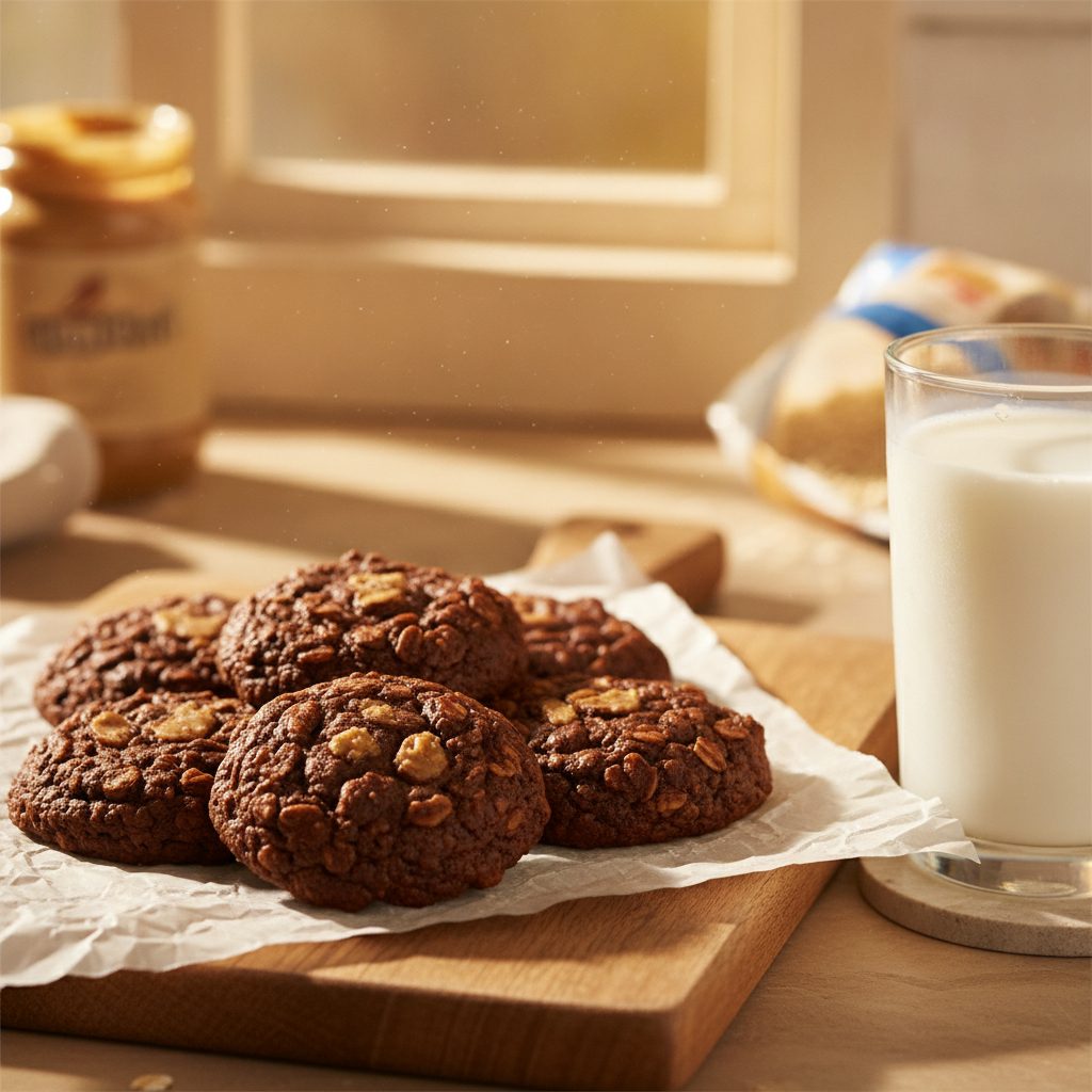 No-bake chocolate peanut butter oatmeal cookies cooling on parchment with a glass of milk