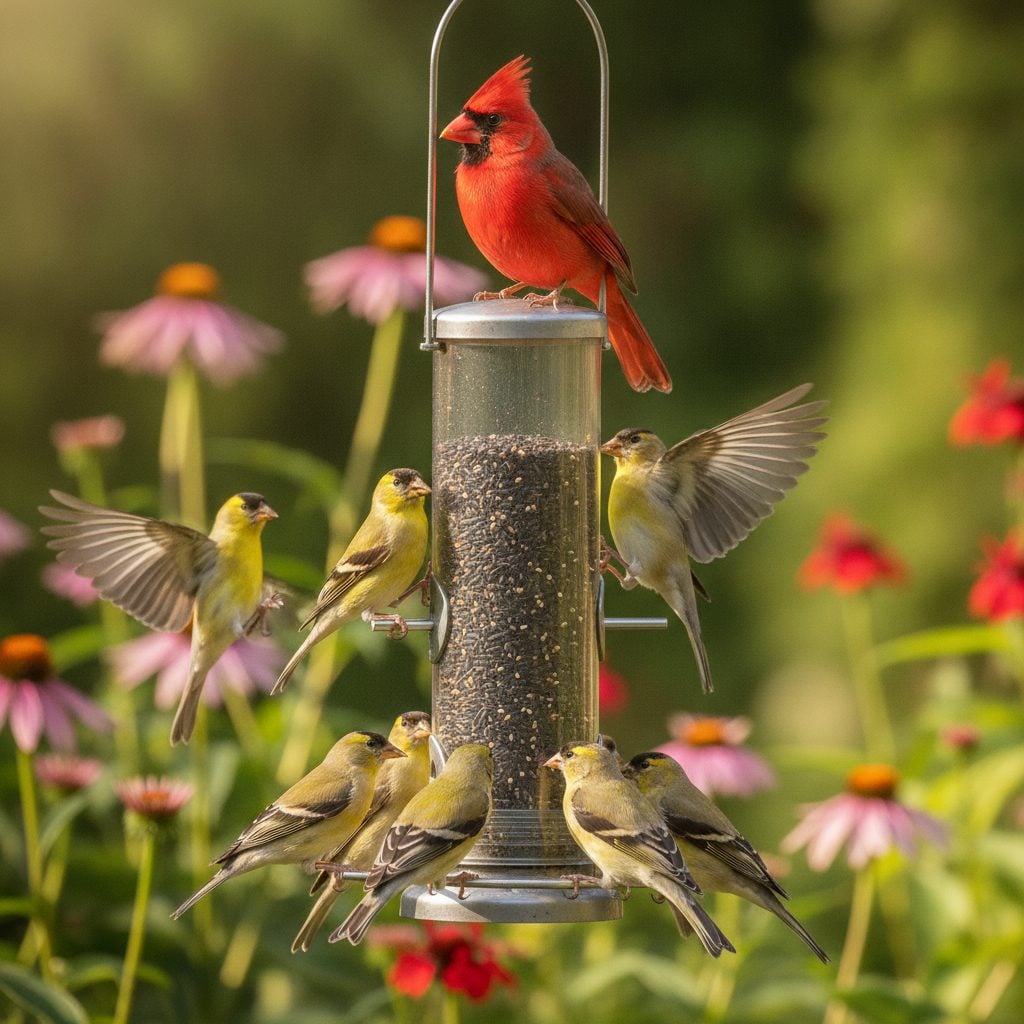 Tube bird feeder filled with nyjer seed surrounded by colorful goldfinches and a cardinal with no house sparrows present.