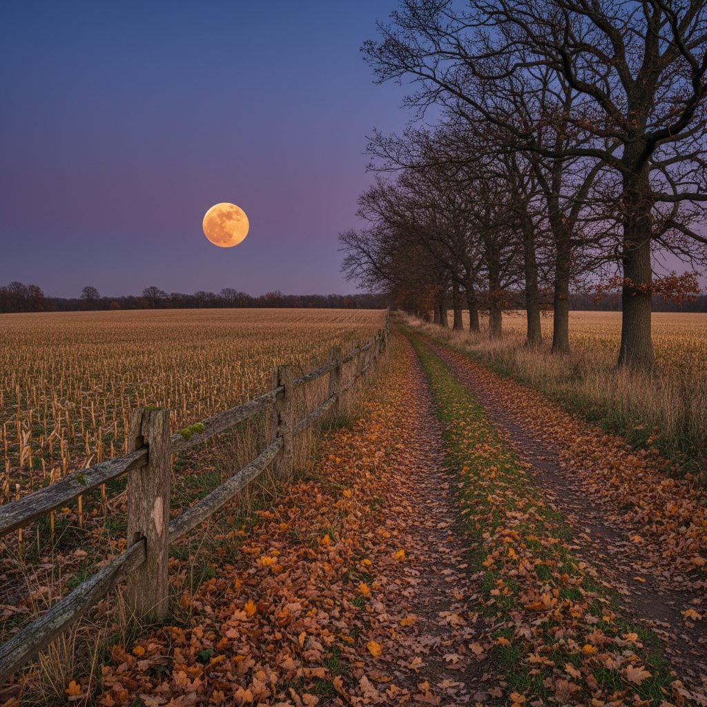 Big orange October Hunter's Moon rising over a harvested corn field at twilight beside a weathered wooden fence with bare oaks silhouetted against the deep blue dusk sky