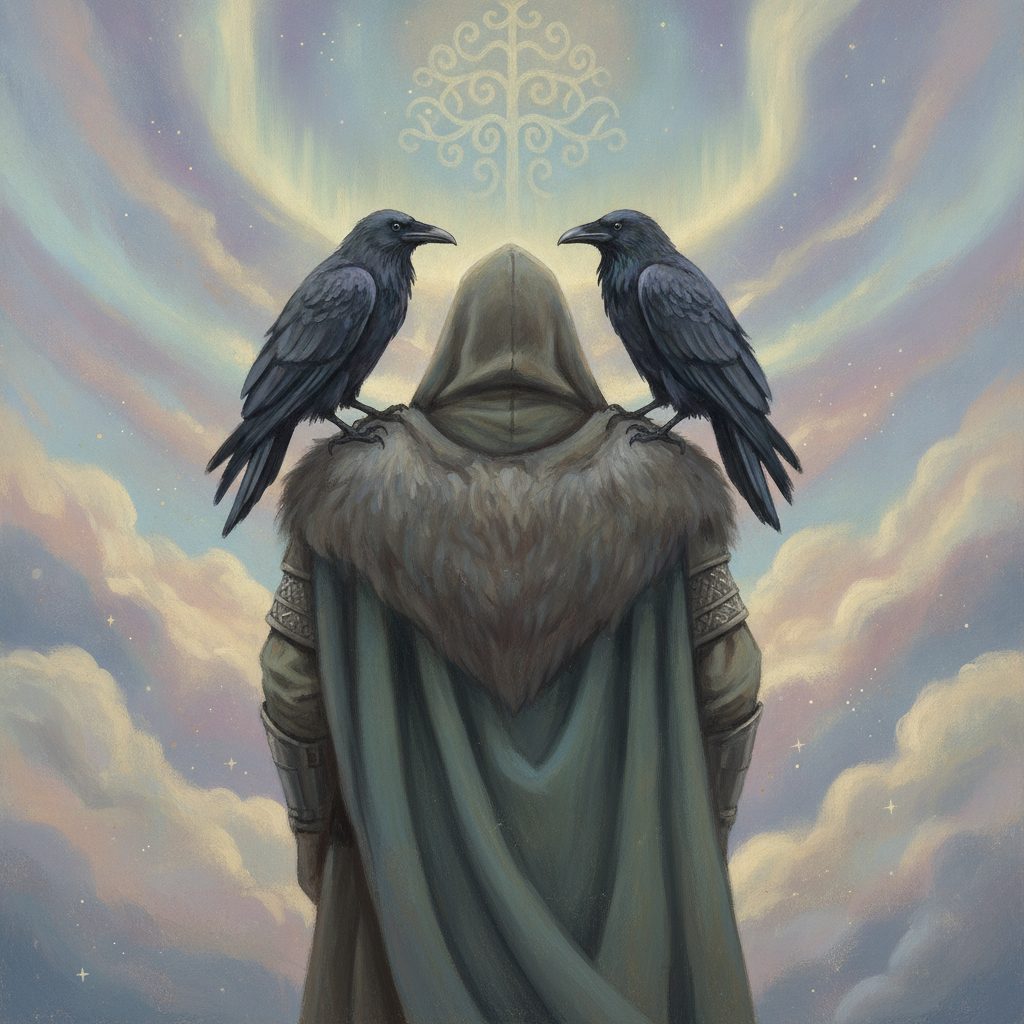 Painted scene of Odin's two ravens Huginn and Muninn perched on his shoulders against a Norse sky background.