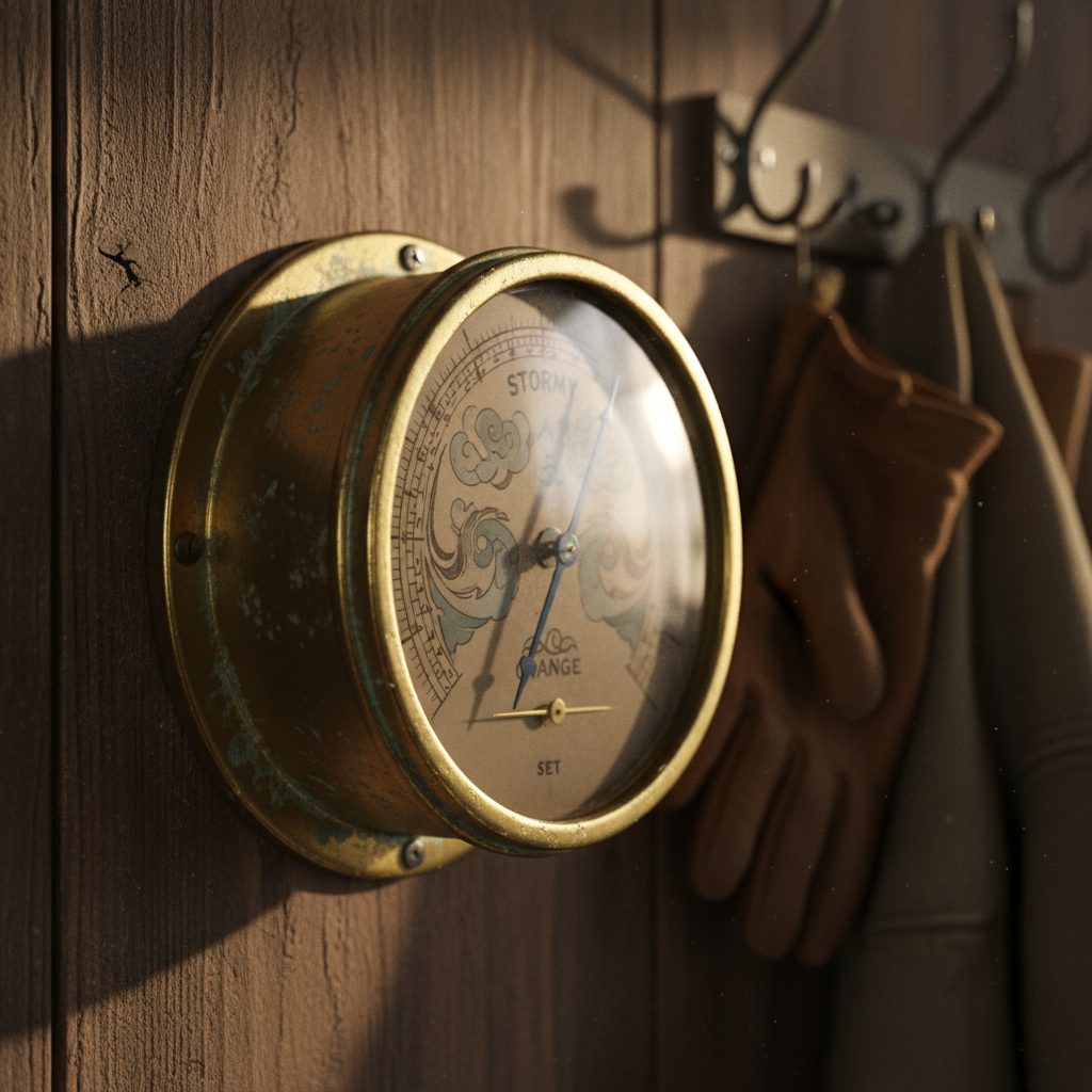 Analog brass barometer reading low on a mudroom wall, the simple tool behind many old weather signs.