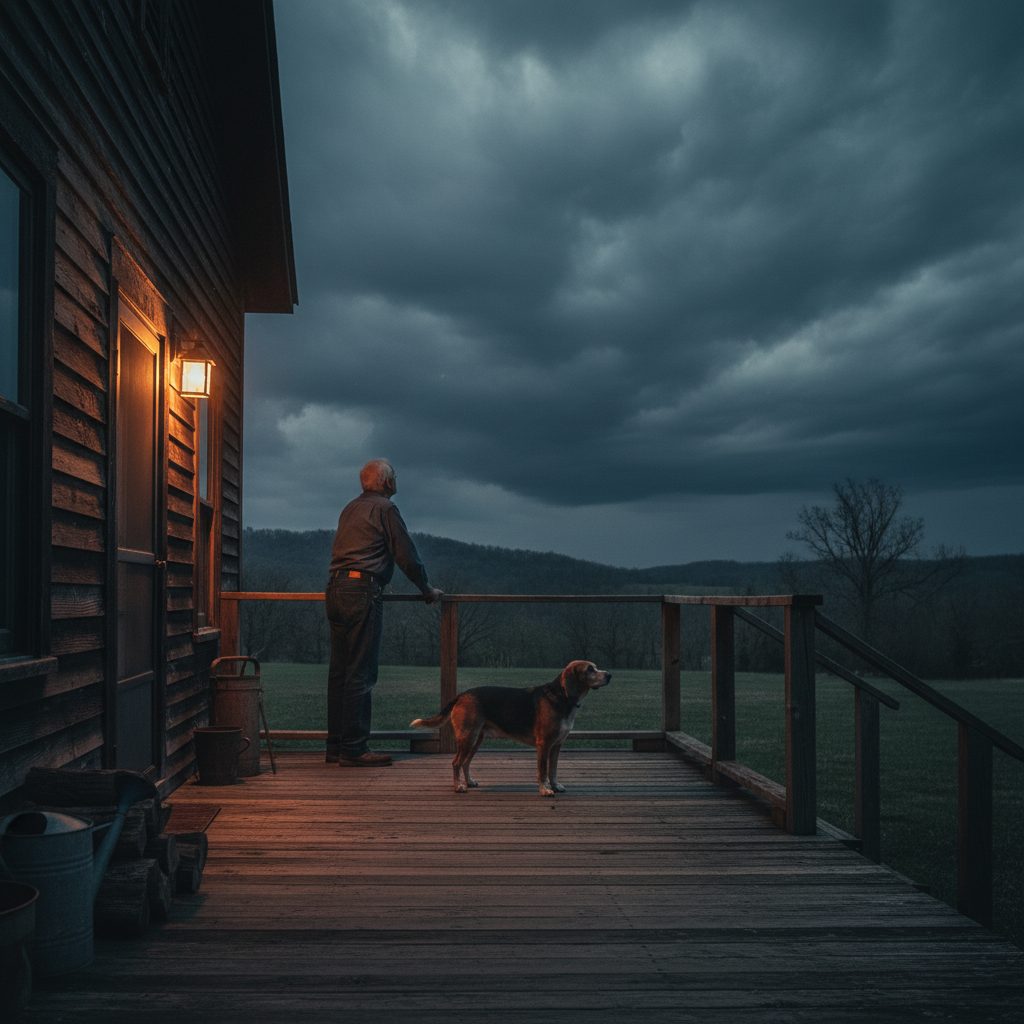 Farmer reading the sky from a porch with his dog at his feet as a storm gathers, the kind of attention that defines old weather signs.