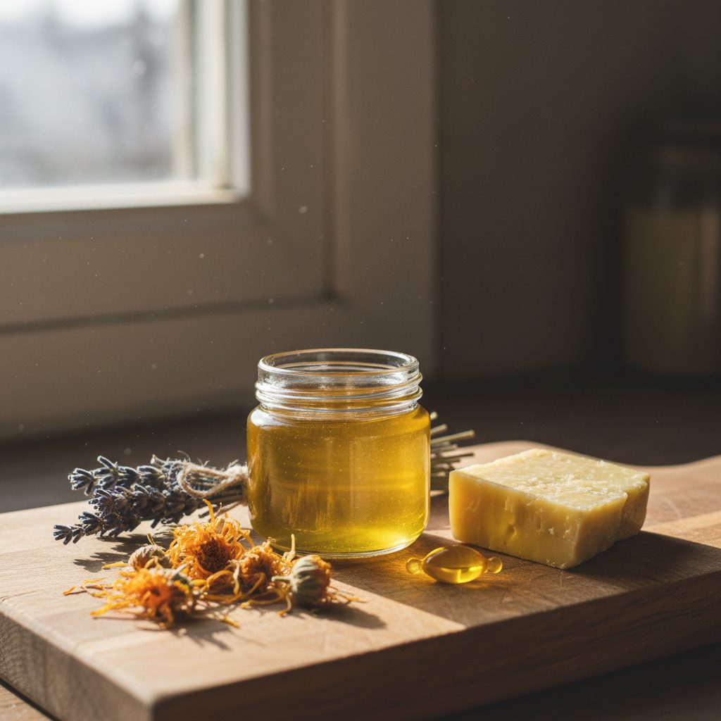 A small open glass jar of golden olive oil salve on a wooden board surrounded by dried calendula flowers, a sprig of lavender, a beeswax wedge, and a vitamin E capsule
