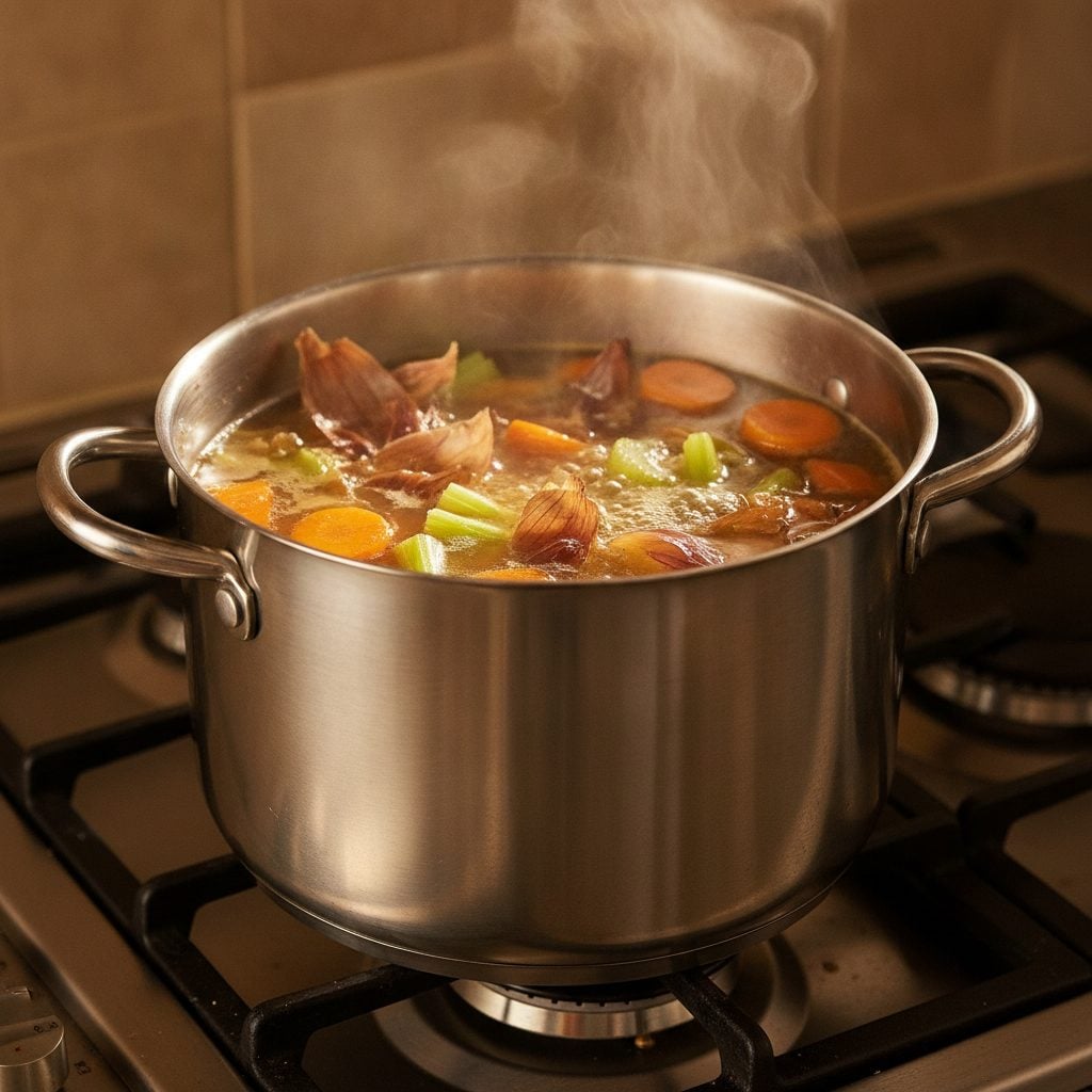 Golden amber onion and garlic skin broth simmering in a stainless steel stockpot with carrots and celery, the most popular use for saved skins.
