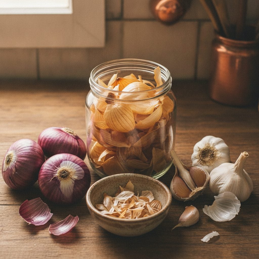 Glass jar of saved onion skins beside fresh onions and garlic bulbs on a wooden kitchen counter, ready to use for broth, dye, or compost.