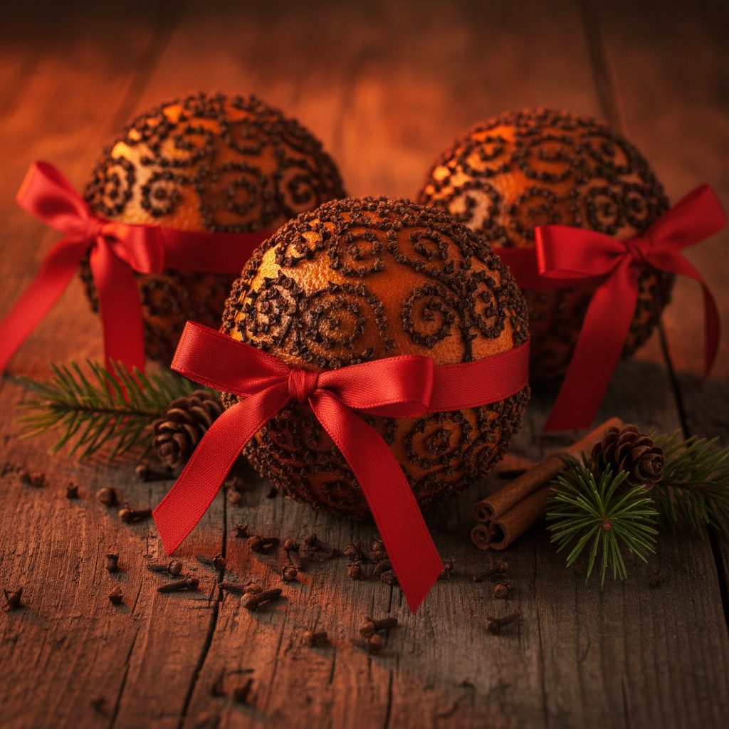 Three handmade orange and clove pomander balls tied with red ribbon on a wooden table with cloves and evergreen