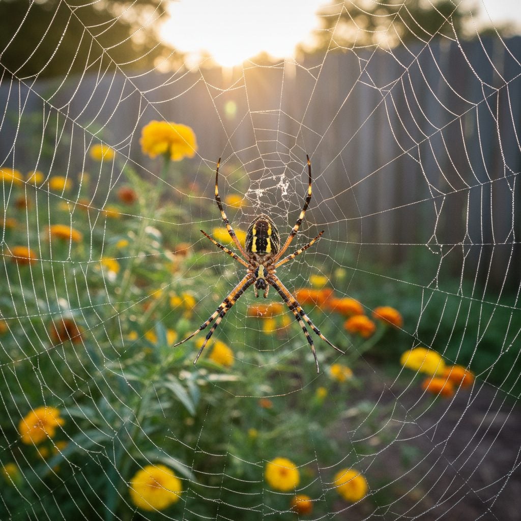 Black and Yellow Garden Spider orb-weaver in the center of a dewy round web among tomato vines in a North American backyard garden