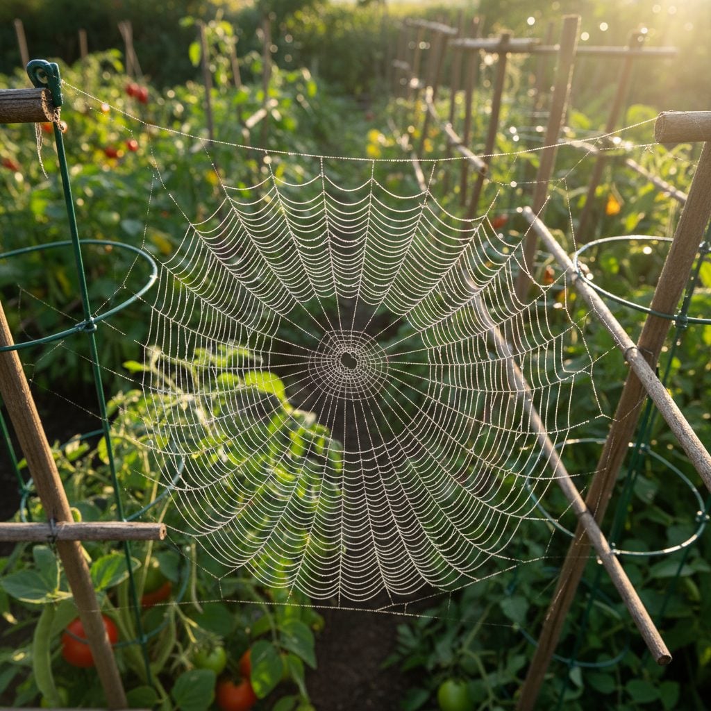 Round orb-weaver spider web glittering with morning dew, stretched between tomato cages in a North American vegetable garden