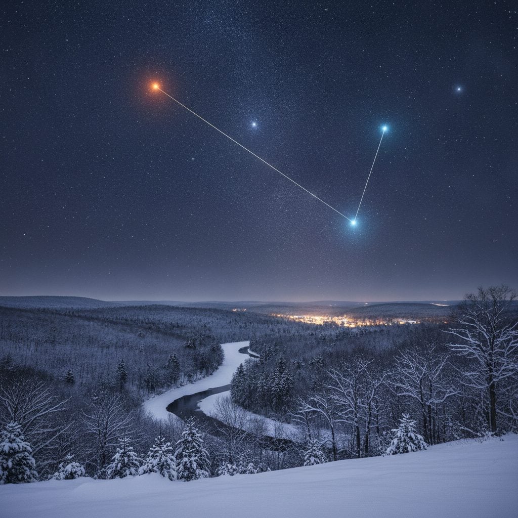 Full Orion constellation visible over a snowy New England landscape with three Belt stars clearly in a line and Rigel and Betelgeuse in the corners.