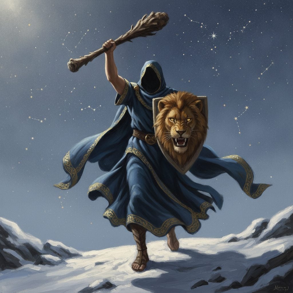 Painted mythological scene of Orion the Hunter as a tall warrior with club and lion-skin shield against a starry winter night sky.