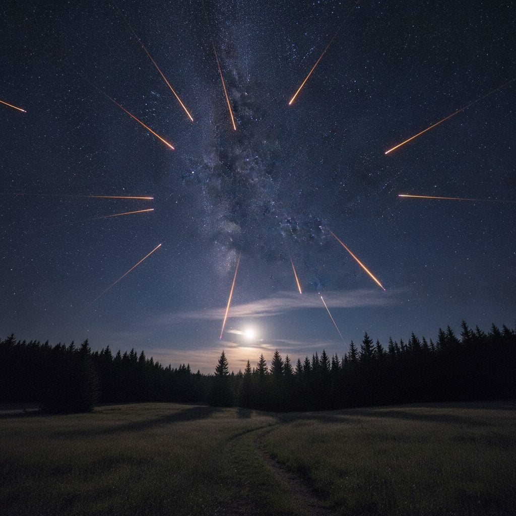 Orionid meteor shower streaking across a dark rural sky filled with stars above a pine treeline, peak night activity.