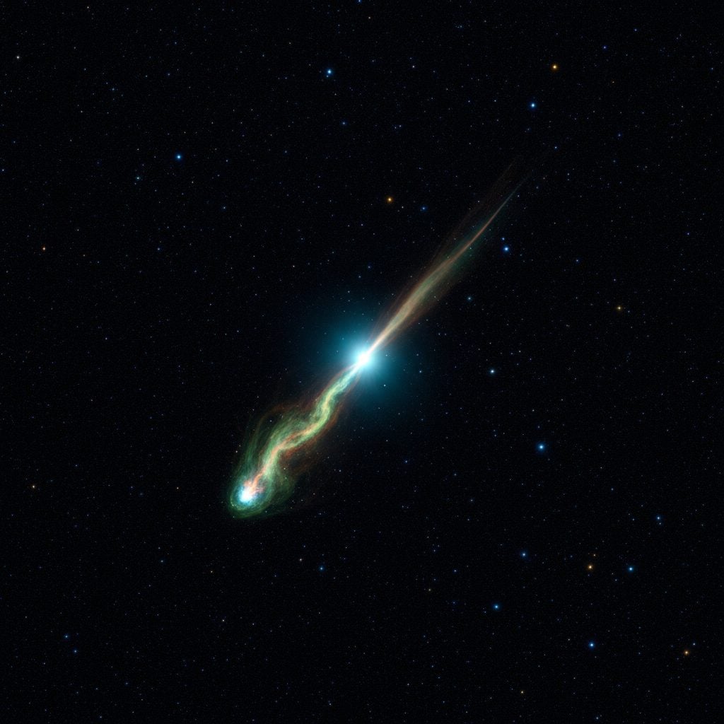 Close-up of a single bright Orionid meteor with glowing trail streaking across a star-filled dark sky.