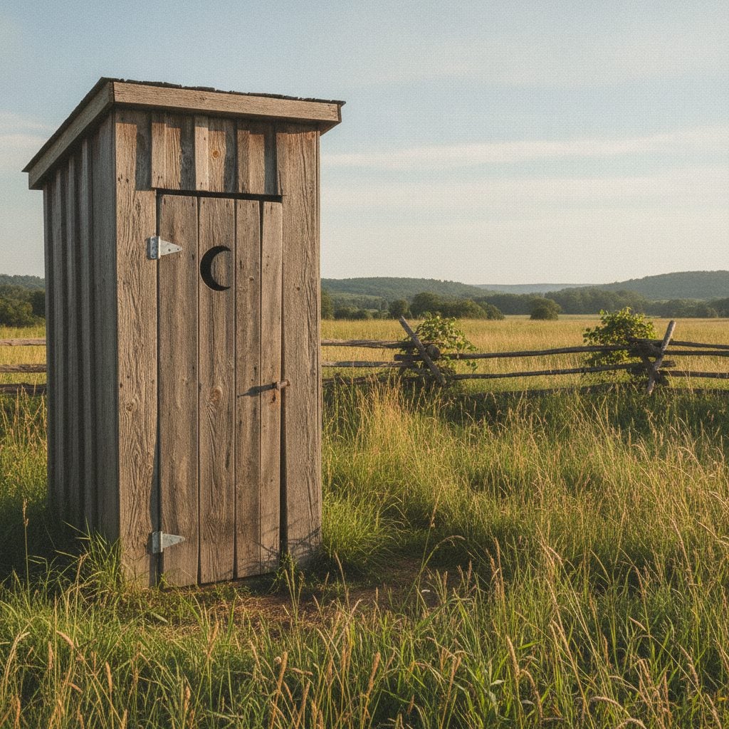 Rustic weathered wooden outhouse with a crescent-moon cutout in the door, the classic outhouse trivia image