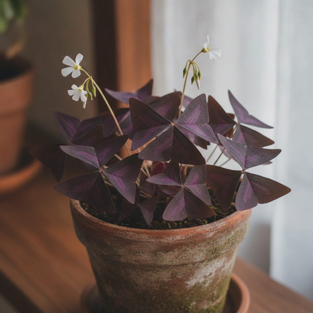 Deep purple Oxalis triangularis houseplant in a small terracotta pot with triangular purple leaves and small white flowers in natural window light.