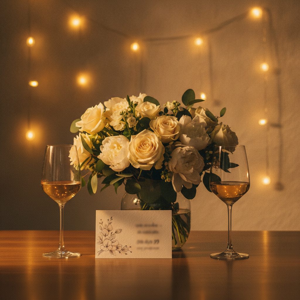 Small celebration setup with a bouquet of flowers, two wine glasses, and a date card under soft string lights in a warmly lit room.
