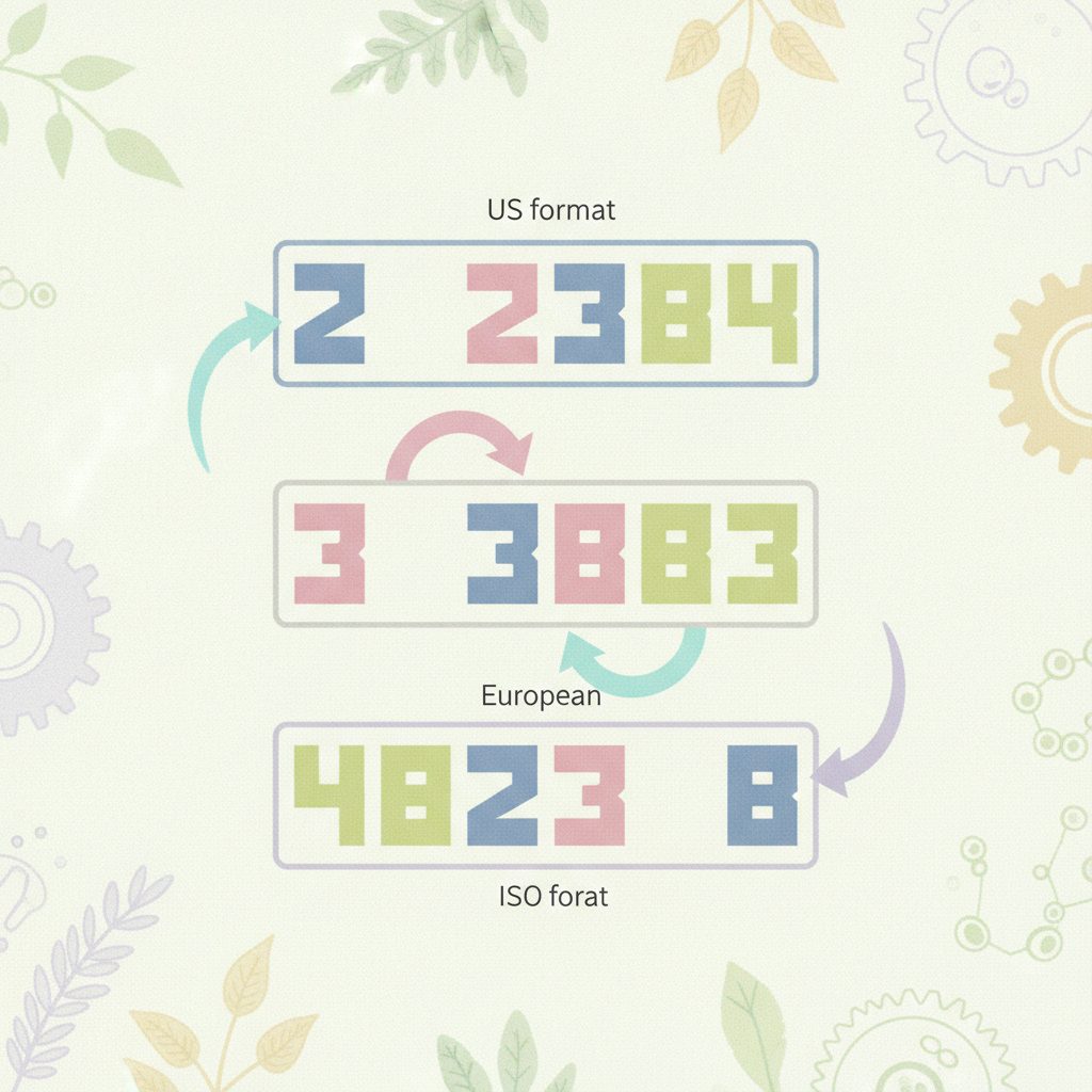 Painted educational diagram showing a date written in US, European, and ISO formats with arrows demonstrating how palindromes work.