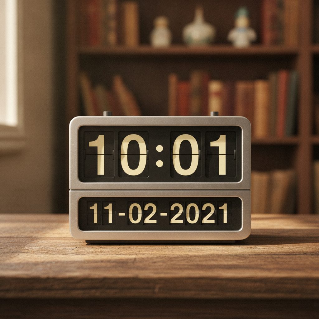 Vintage flip clock or calendar showing a palindrome date with digits arranged symmetrically on a wooden desk in soft warm light.