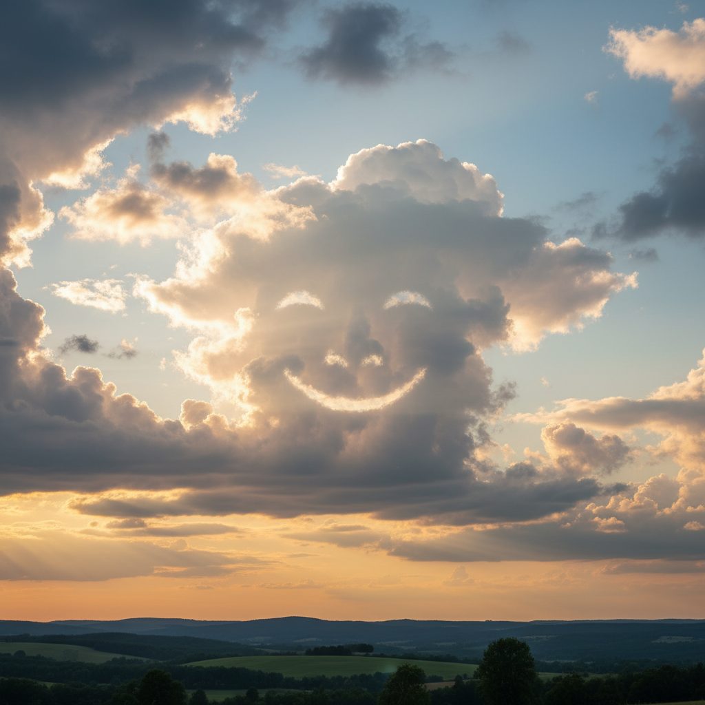 Fluffy cumulus cloud shaped like a smiling face in a summer sky, a classic example of pareidolia.