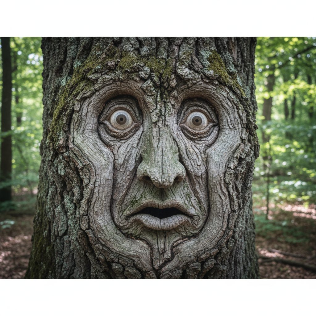 Old oak tree bark with knots forming a face-like pattern, illustrating everyday pareidolia.