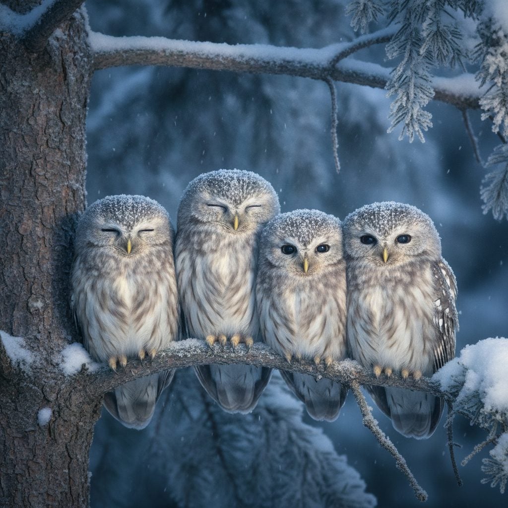 Small group of three to five owls perched together on a snow-dusted pine branch in a moonlit winter forest.