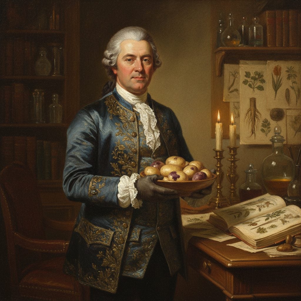 Antoine-Augustin Parmentier in 18th-century dress holding a bowl of potatoes in a candlelit French study