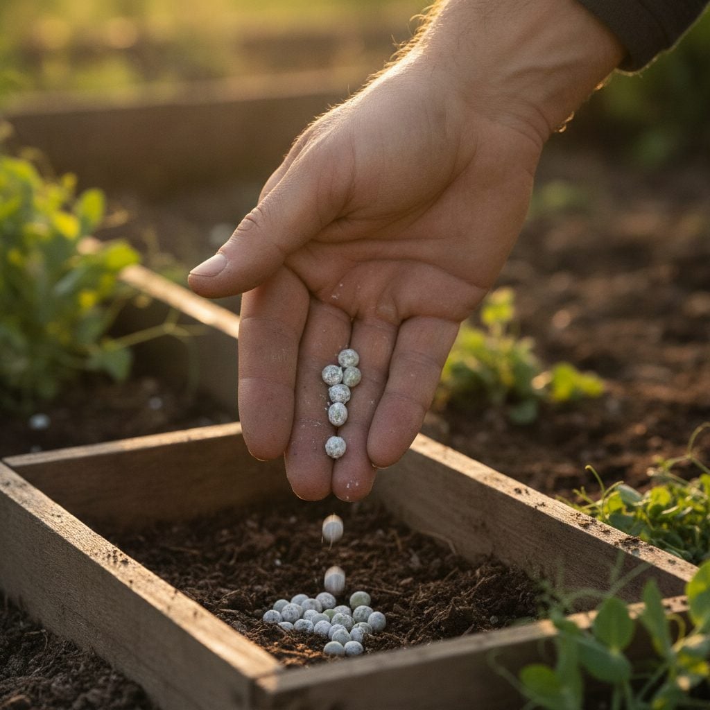 Gardener's hand sprinkling pea seeds inoculated with Rhizobium powder onto a wooden trough in a vegetable garden bed.