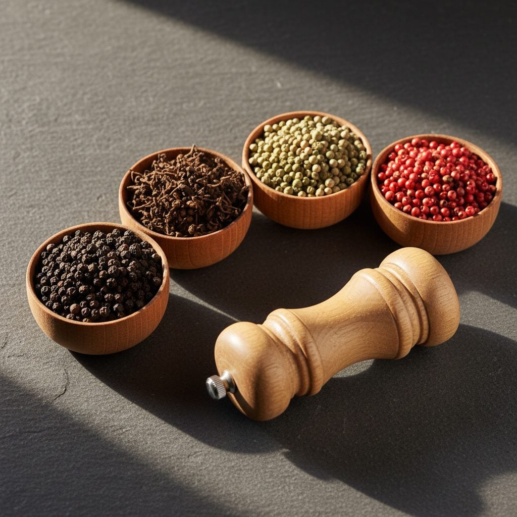 Five small wooden bowls of peppercorns on a slate counter: black, brown, green, white, and pink, with a wooden pepper mill beside them