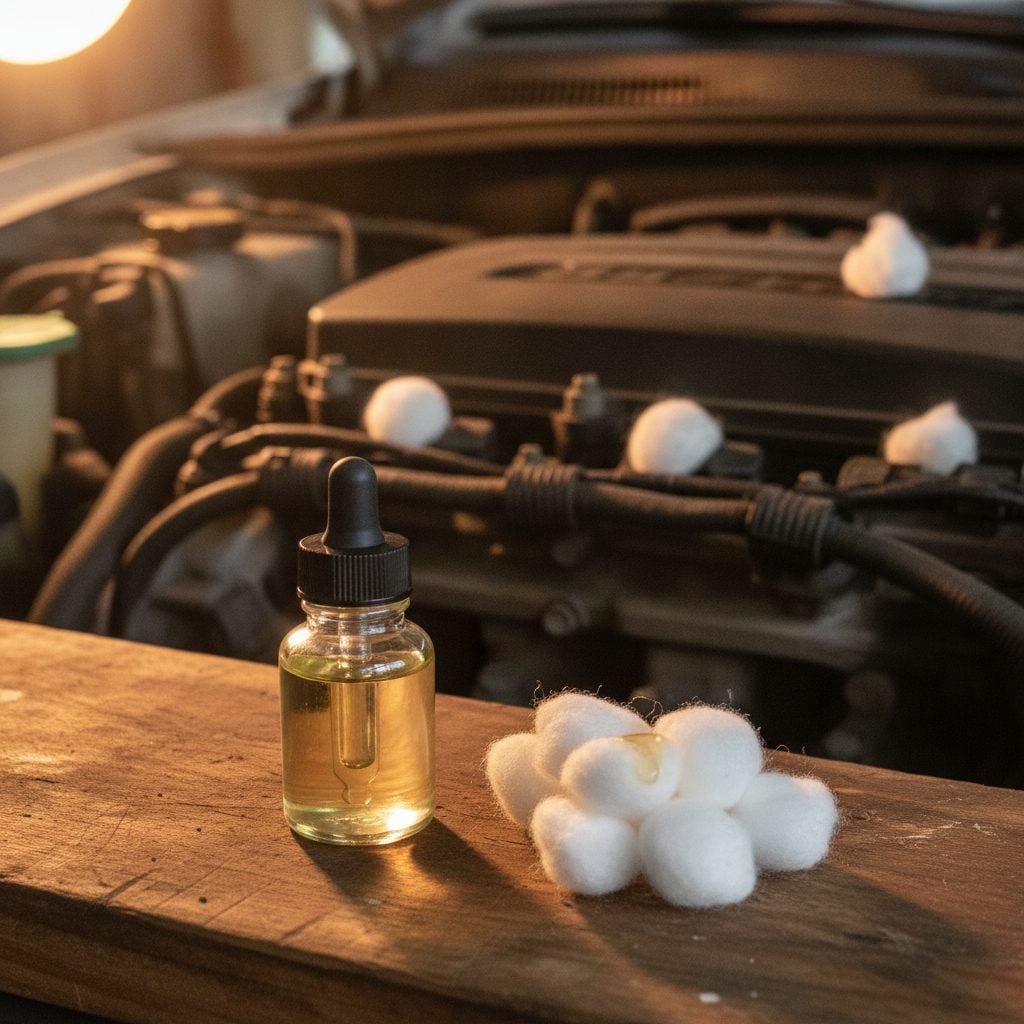 Small jar of peppermint essential oil and cotton balls beside a car engine bay with cotton balls placed among the wires.