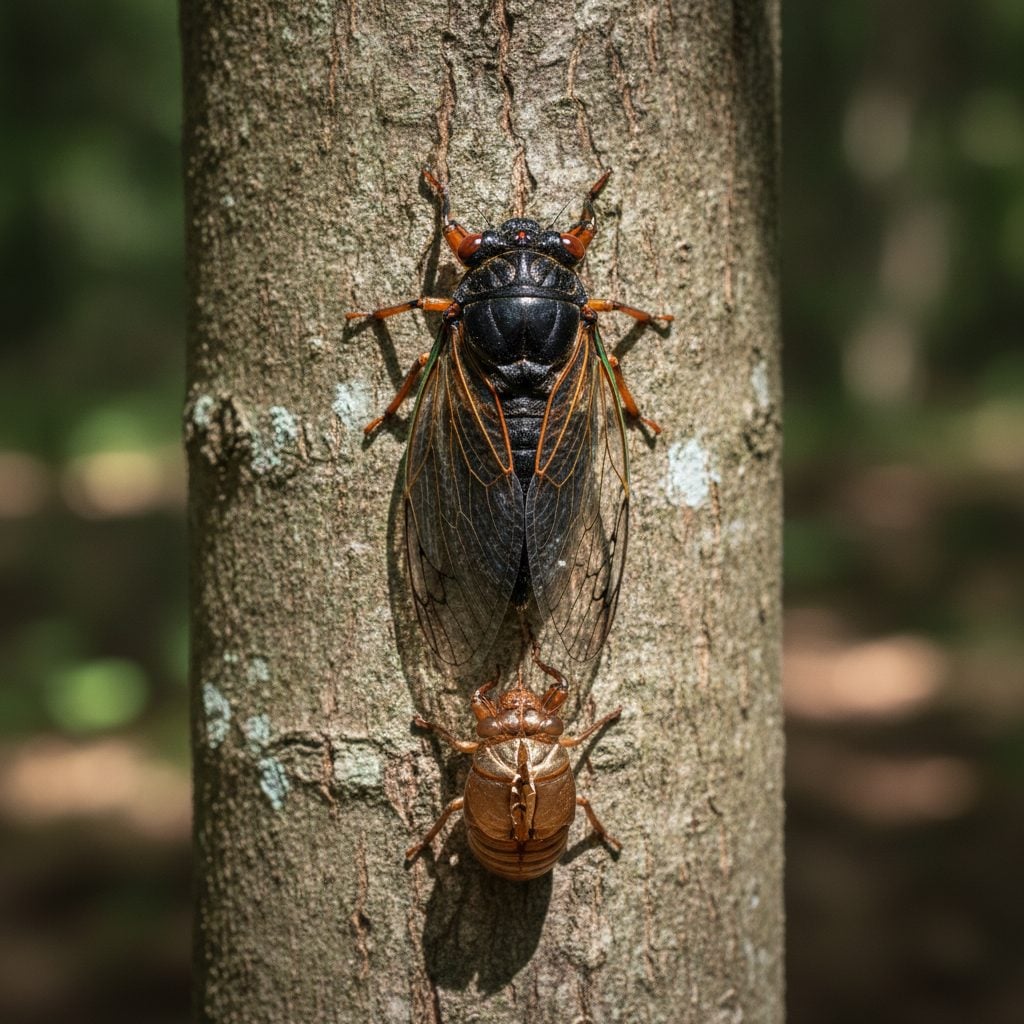 Freshly emerged periodical cicada on a tree trunk with translucent drying wings and discarded brown nymph shell visible below in dappled forest light.