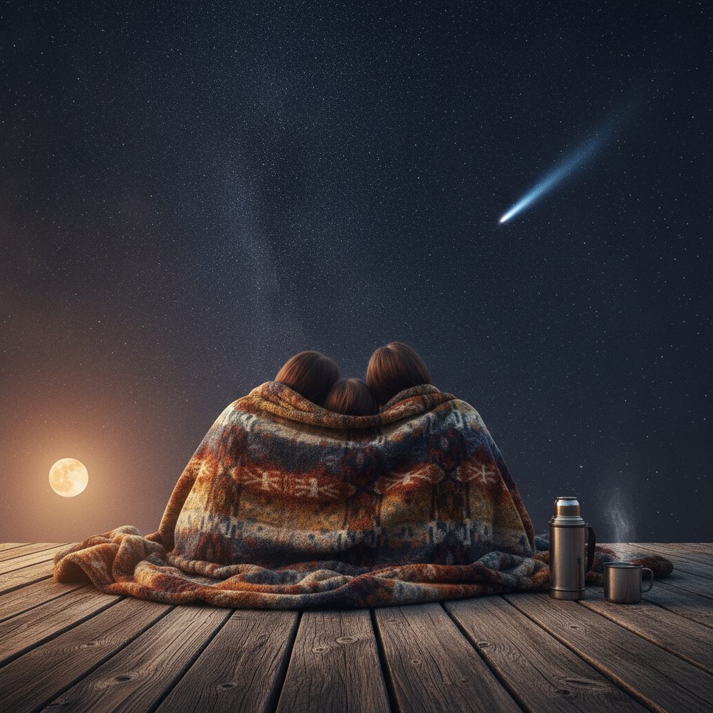 Family wrapped in blankets reclining on a wooden deck watching a bright meteor streak across the summer night sky with a thermos beside them.