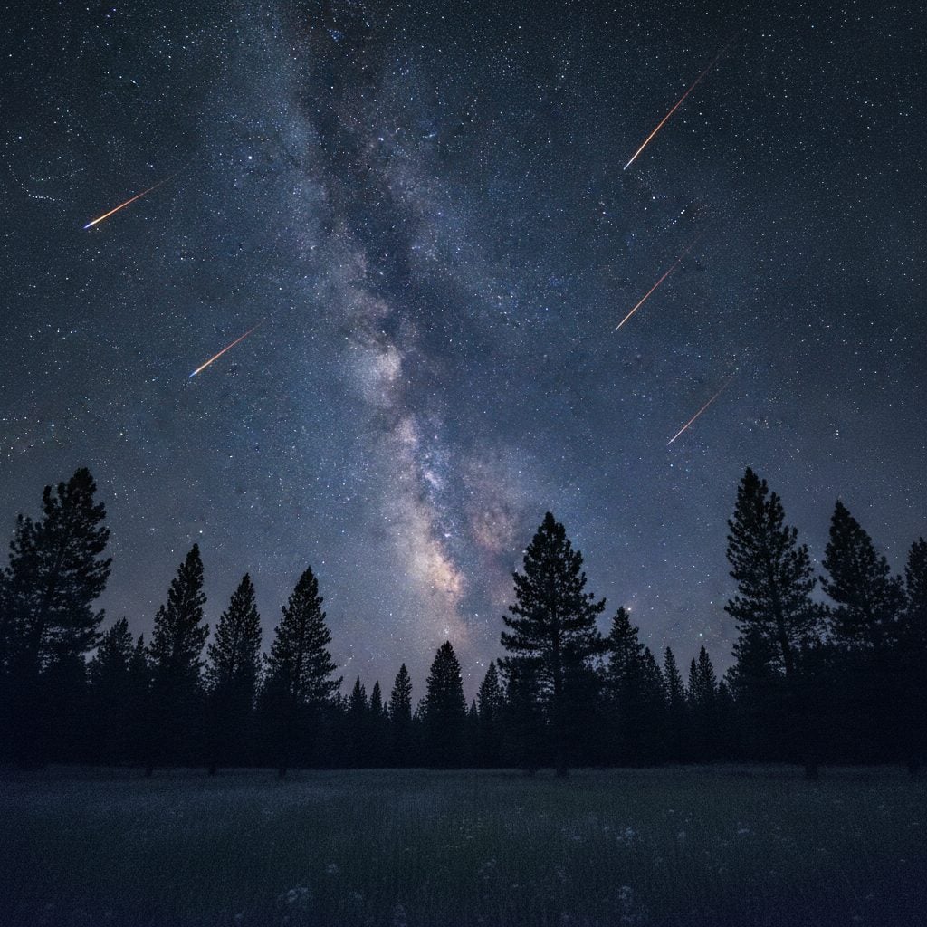 Perseid meteor shower streaking across a dark rural sky filled with stars above a pine treeline, peak night activity.