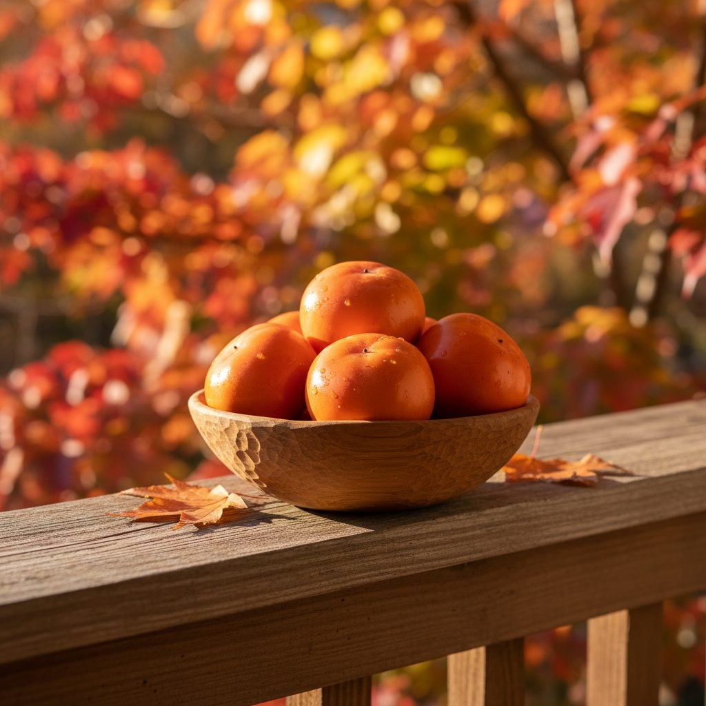 Bowl of ripe American persimmons on a Carolina farm porch in autumn, fruit used for the annual persimmon forecast.
