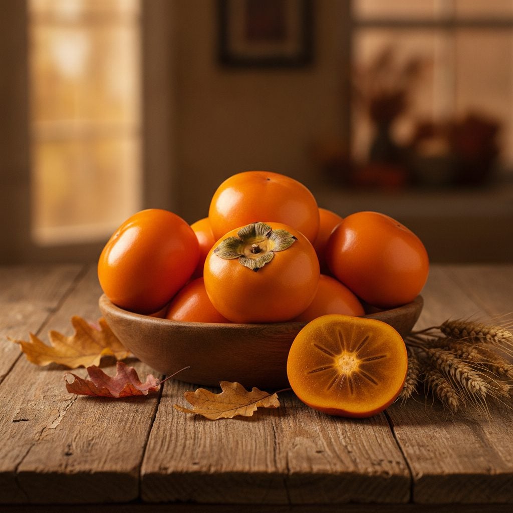 Bowl of ripe Fuyu persimmons with a split persimmon showing the seed used in winter weather folklore