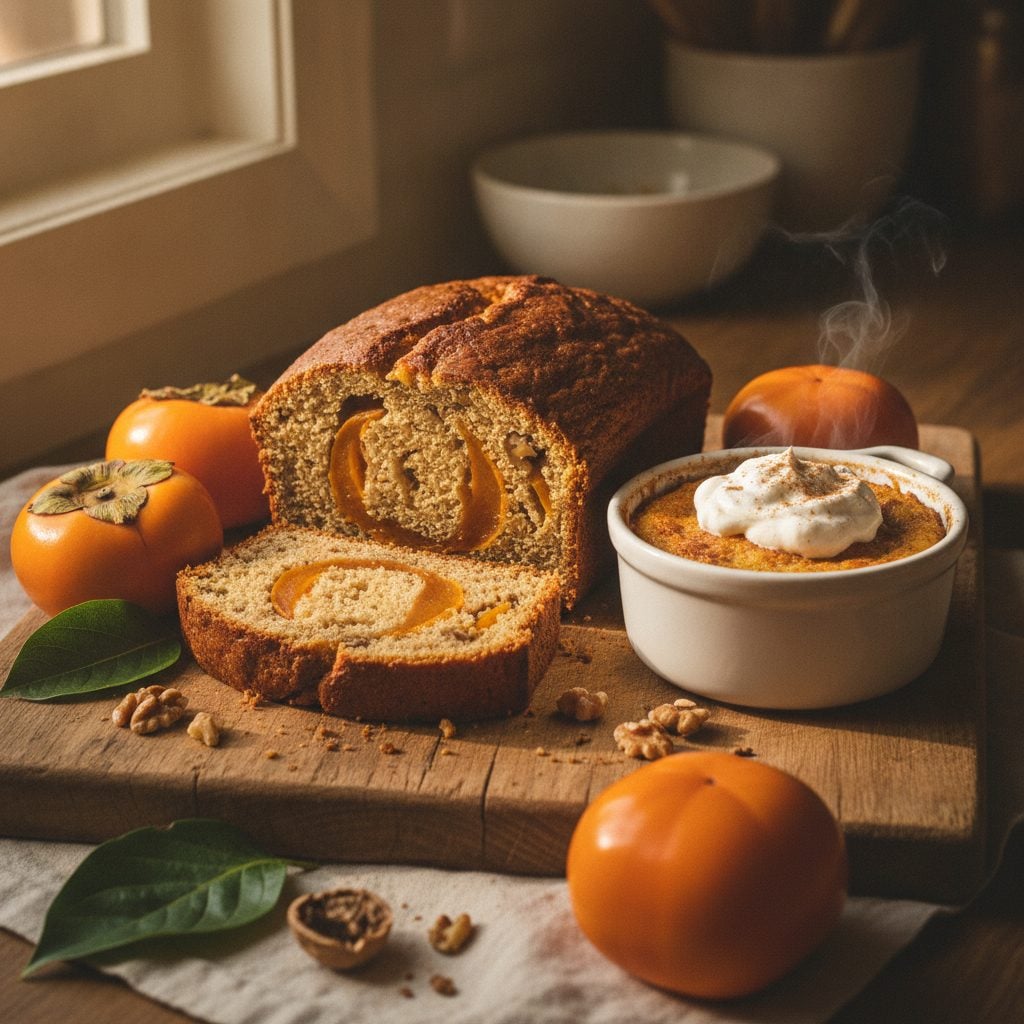 Persimmon walnut quick bread and persimmon pudding with fresh ripe persimmons on a wooden table