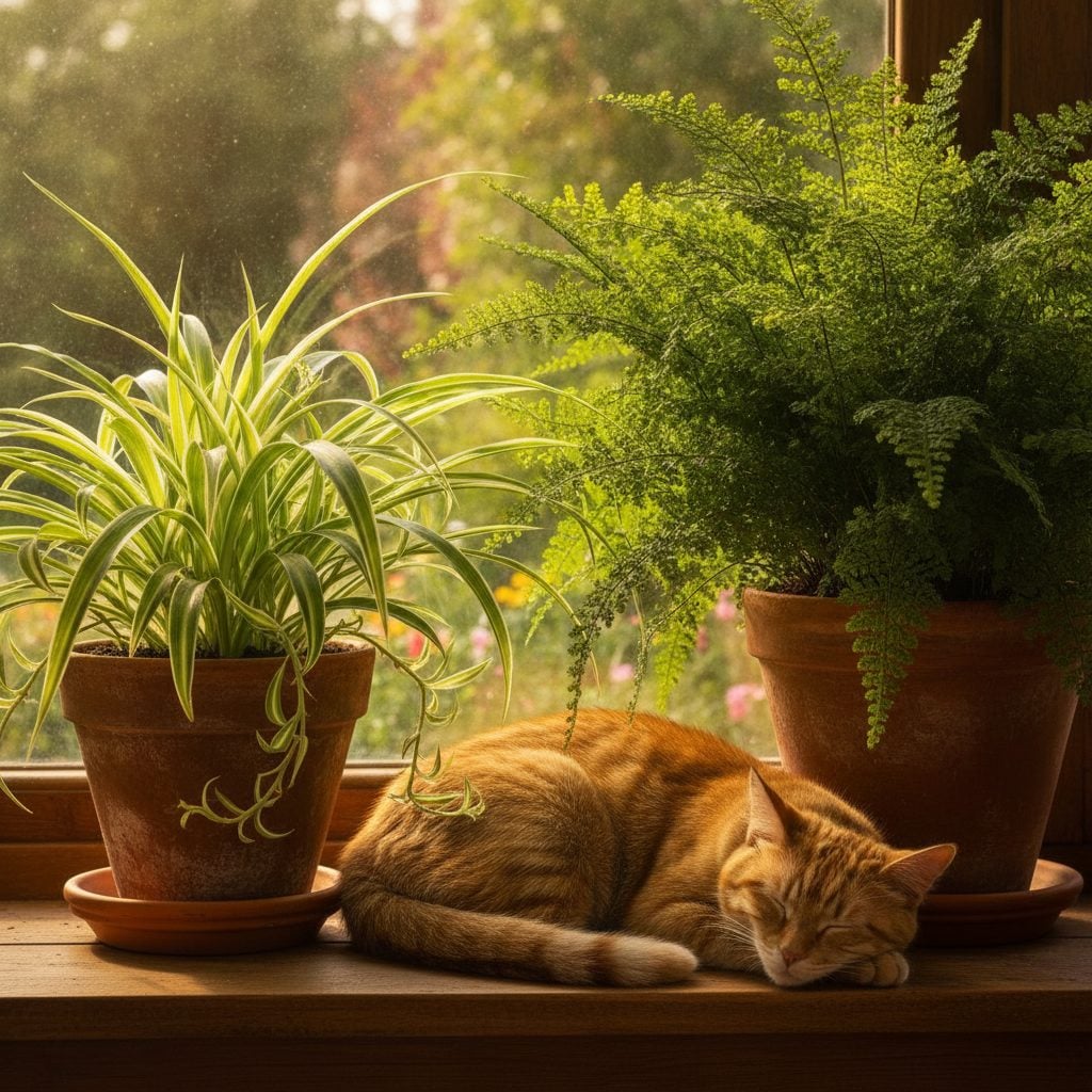 Healthy spider plant and Boston fern on a sunny windowsill with a cat napping nearby in soft morning light.