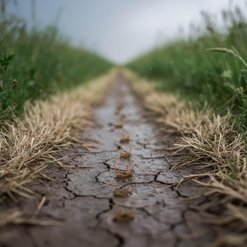 Close-up of the first heavy raindrops hitting a sunbaked dirt path with tiny brown soil splashes lifting into the air against a darkening grey sky