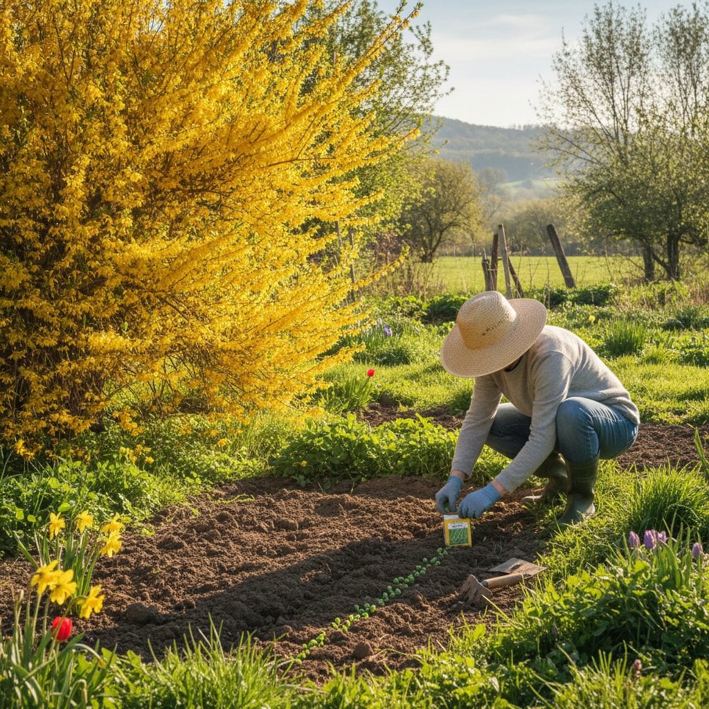 Sunny spring garden bed with forsythia in full yellow bloom and a gardener planting peas direct-sown nearby in soft morning light.