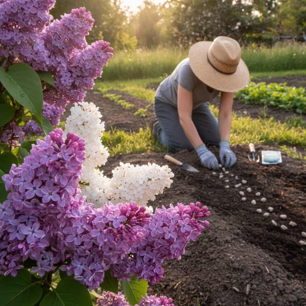 Lilac flowers in full bloom beside a vegetable garden where a gardener is planting bush bean seeds in soft late May morning light.